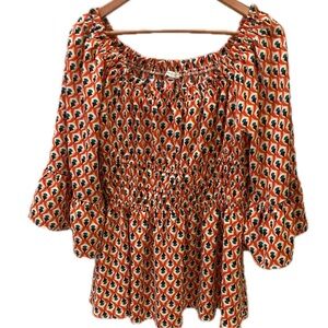 Jodifl blouse. Colorful print. Peplum. Gathered waist. Size L
